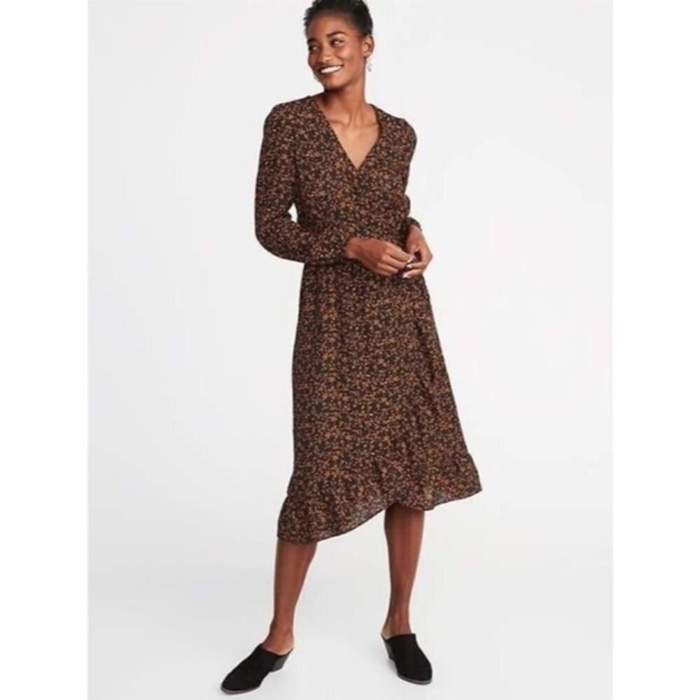 Old Navy Floral Midi Dress Size M | Black Yellow Long Sleeve Fall Wrap Style